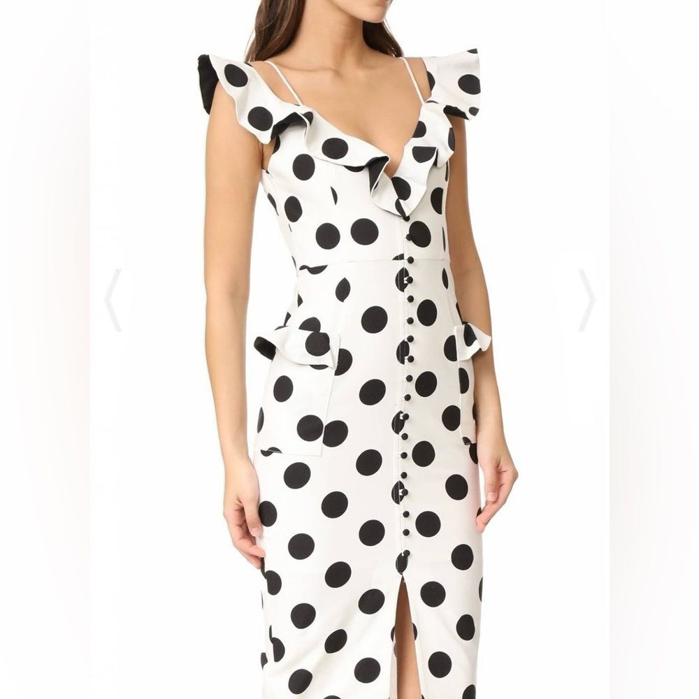 NICHOLAS Black Polka Dot on White Ruffled Midi Dress - Picture 3 of 16